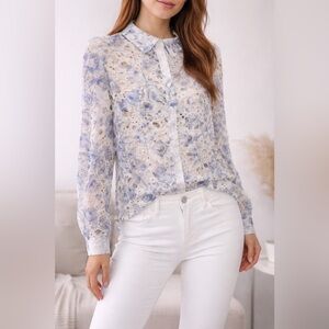 Caroline Constas Floral Eyelet Lace Blouse Sz Medium Blue & White New With Tags